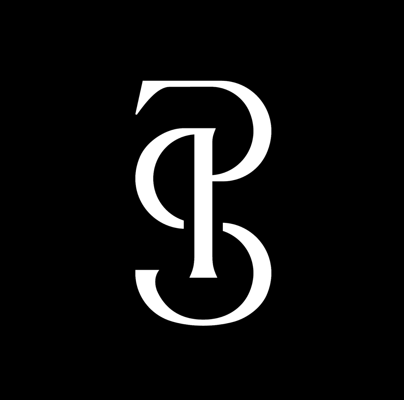 A black background with a white monogram logo consisting of the intertwined letters P and B in an elegant serif font.