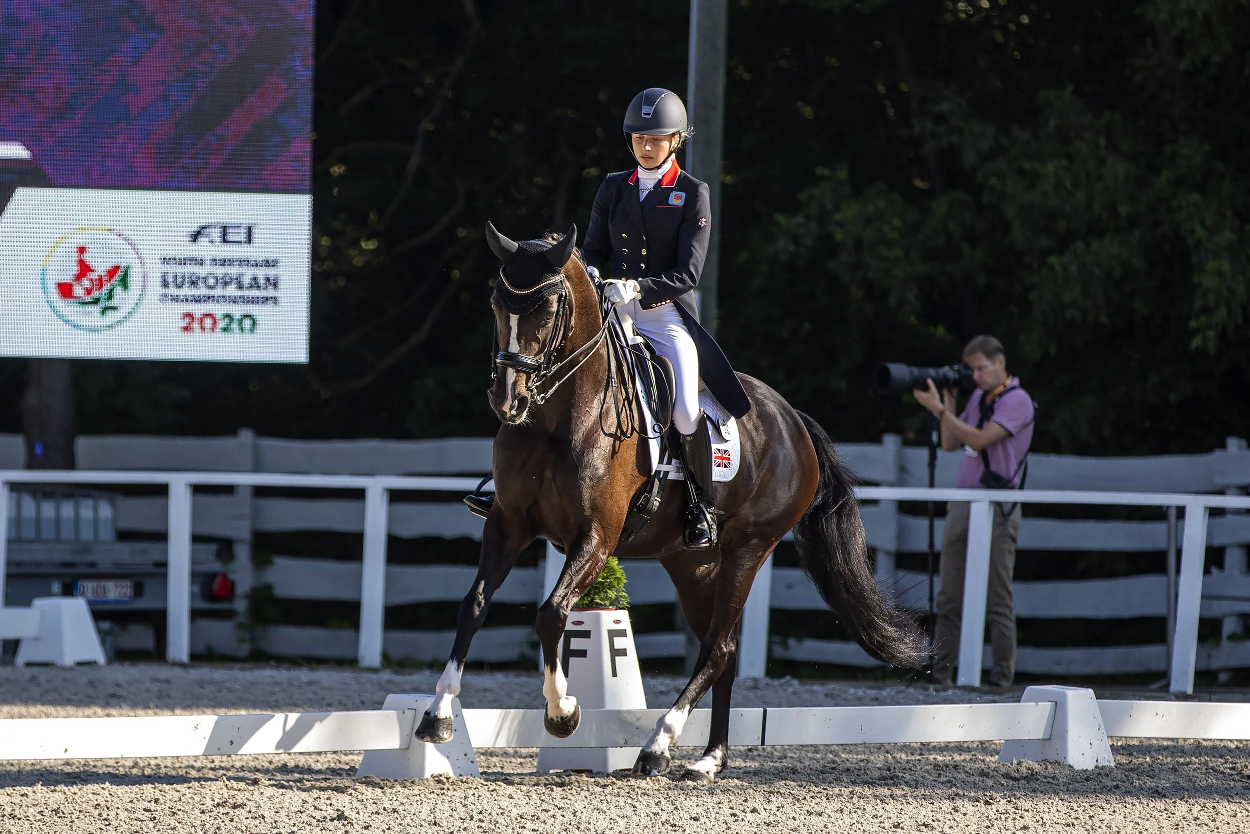 A female equestrian dressed in formal riding attire riding a bay horse with a white blaze during a dressage event. A photographer with a camera is visible in the background.