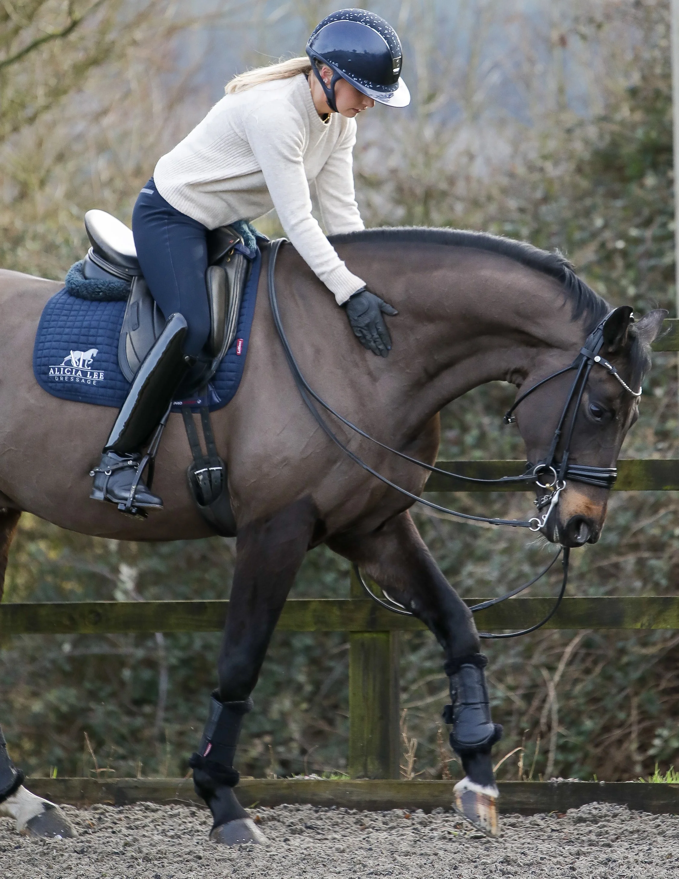 A woman riding a horse on a trail, wearing a helmet, beige sweater, and riding gear, with autumn trees in the background.