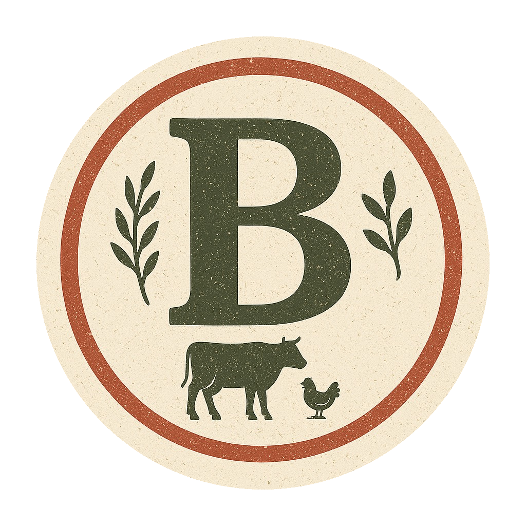 Vintage-style logo with large letter B, surrounded by two leafy branches, a cow, a chicken, and a rooster inside a circular border.