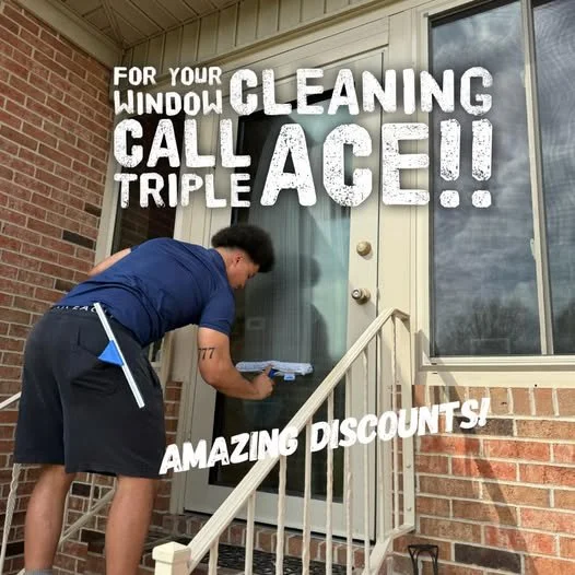 A window cleaning service employee cleaning a glass door with a squeegee, promoting window cleaning triple age and discounts.