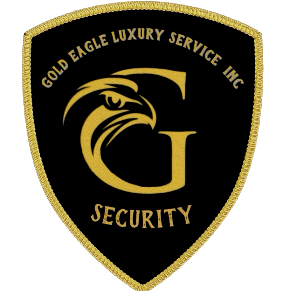 A black and gold security badge for Gold Eagle Luxury Service Inc featuring an eagle head and the letter G.