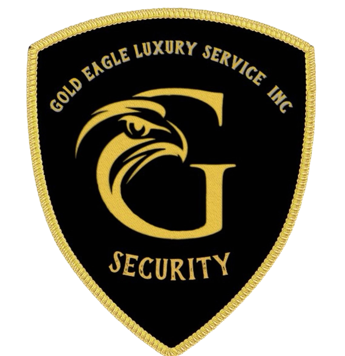 Black security badge or patch with gold embroidered border, featuring a gold eagle head logo, and text that reads 'Gold Eagle Luxury Service LLC' at the top and 'Security' at the bottom.