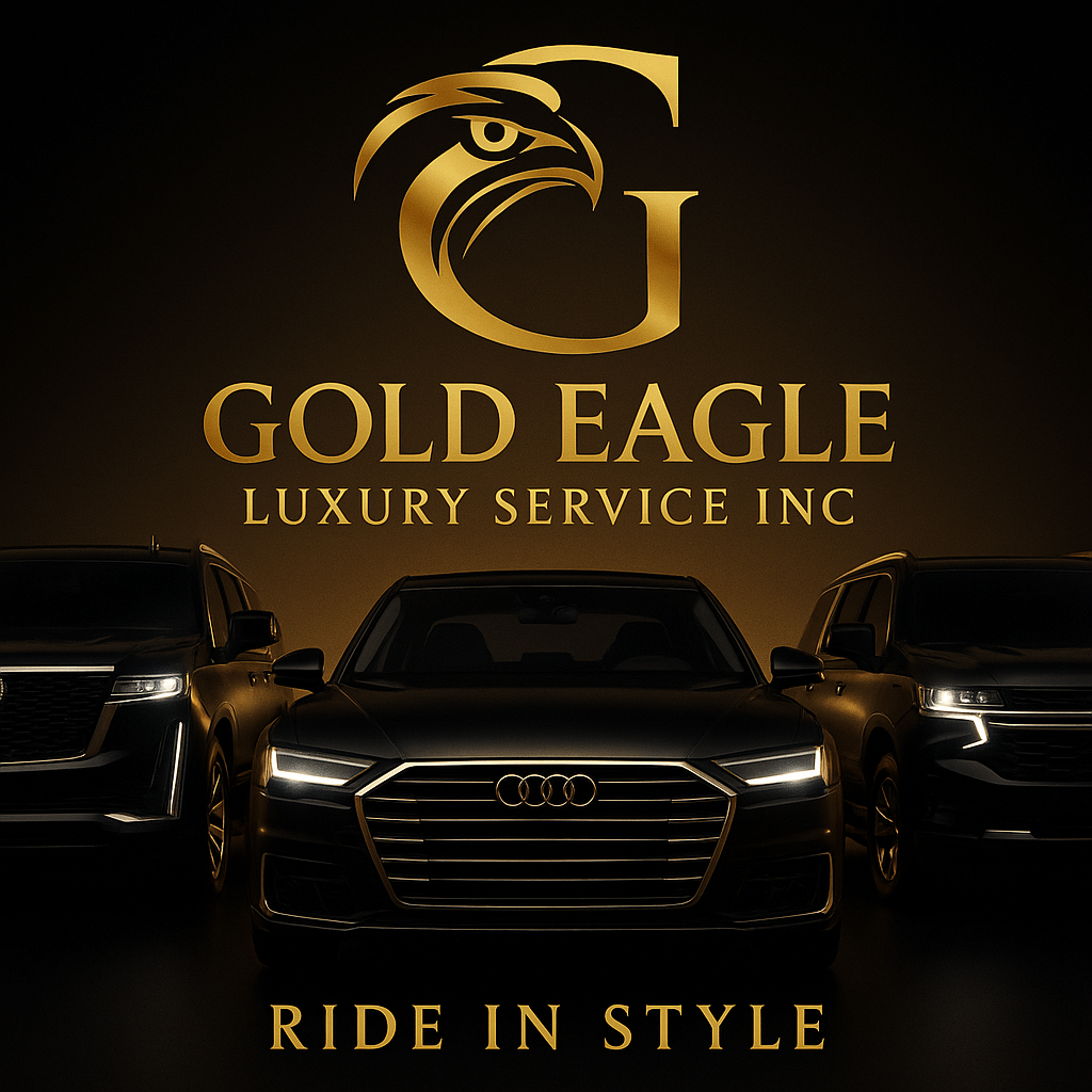 Luxury black cars with illuminated headlights parked in front of a black wall with gold logo and text reading 'Gold Eagle Luxury Service Inc' and 'Ride in Style'.