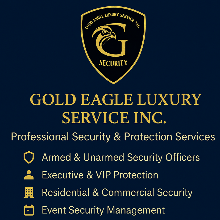 A dark blue background is featured with a crest at the top displaying a gold eagle head and the text "Coud Exgle Luxury Service Nile Security." Below, the business name "Gold Eagle Luxury Service Inc." is written in large gold letters. The services offered are listed with icons, including armed and unarmed security officers, executive and VIP protection, residential and commercial security, and event security management.