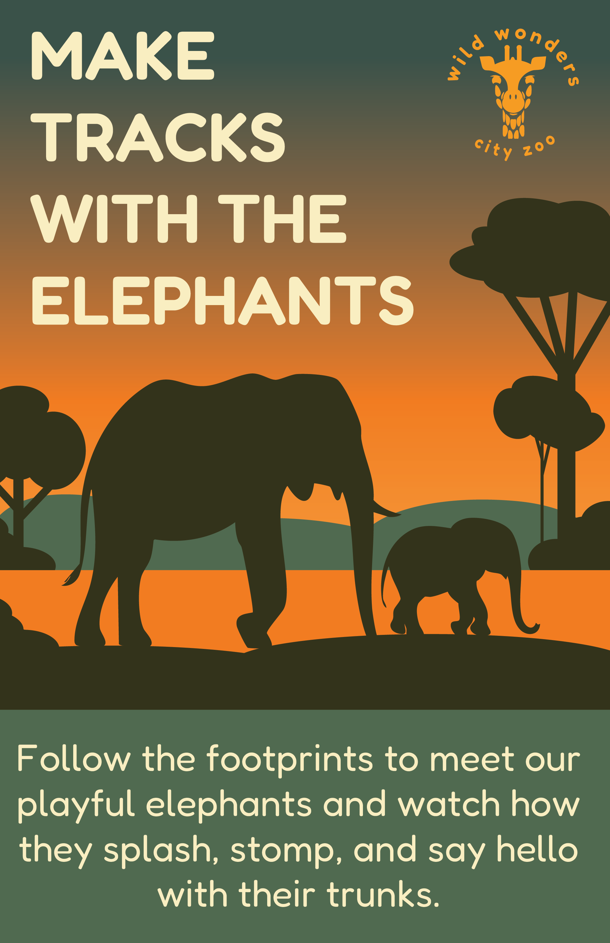 Silhouettes of an adult and a baby elephant walking in a zoo environment at sunset, with trees and mountains in the background, and text promoting an interactive animal exhibit at Wild Wonders City Zoo.