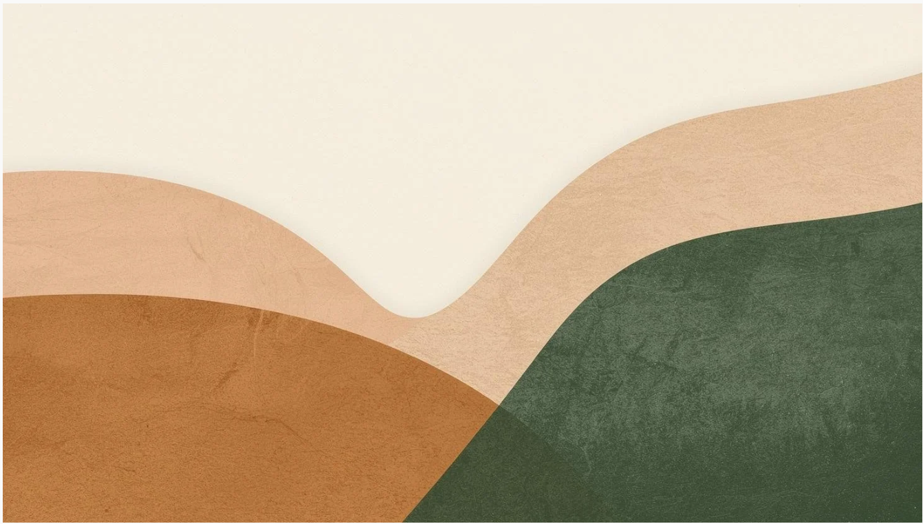 Abstract landscape with curved shapes in shades of tan, beige, brown, and green.