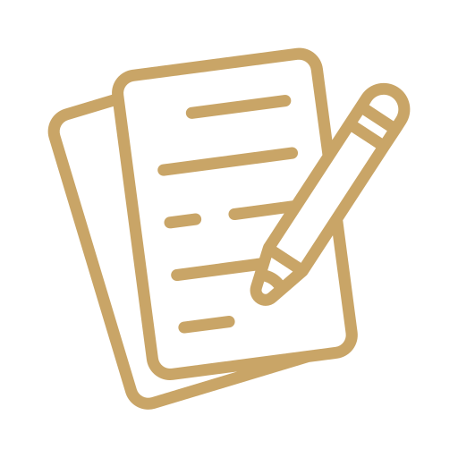Icon of two lined sheets of paper with a pen writing on them.