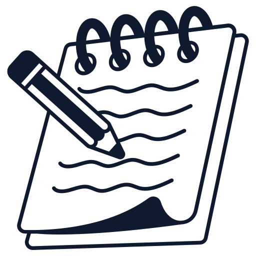 Icon of a spiral notepad with a pen writing on lined paper.