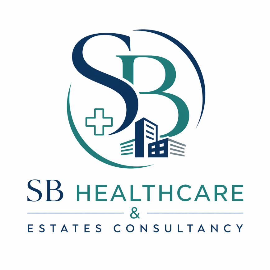 The logo of SB Healthcare & Estates Consultancy features the letters S and B intertwined, with a medical cross and a cityscape of buildings beneath. The company name is displayed below, with a line separating 'SB Healthcare' and 'Estates Consultancy'.