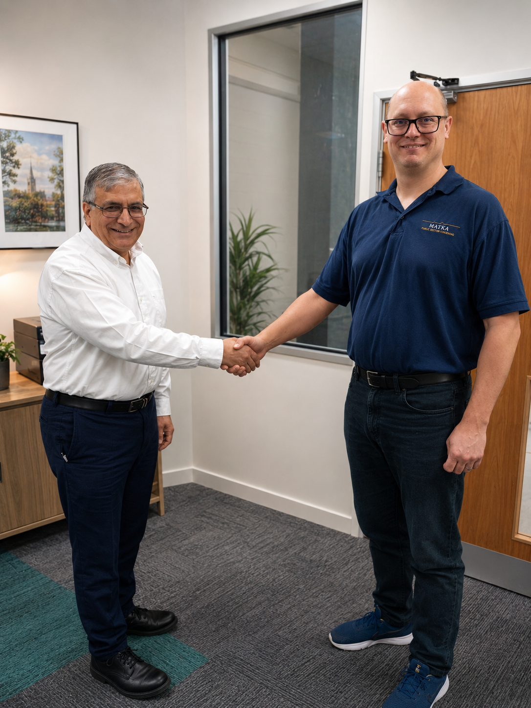Two men are shaking hands in an office, smiling. The man on the left is dressed in a white shirt and navy pants, and the man on the right is wearing a navy polo shirt and jeans.