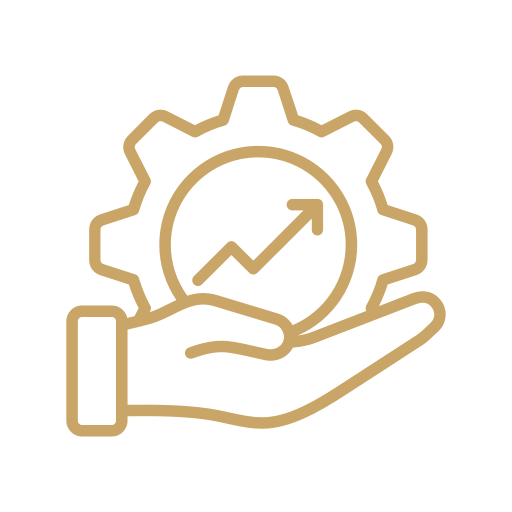 An icon of a hand holding a gear with an upward trending arrow inside the gear, symbolizing growth or progress in technology or business.