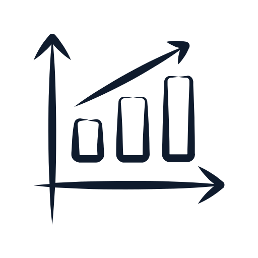 Rising bar graph with an upward arrow, representing growth or increase.