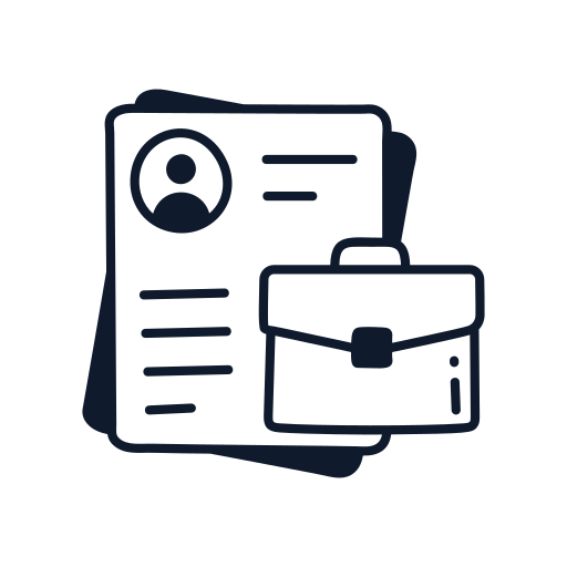 Icon of a resume with a profile picture and text lines, and a briefcase in front of it.