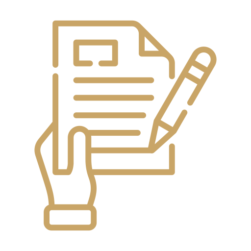 Outline icon of a hand holding a piece of paper and a pen, indicating writing or signing a document.