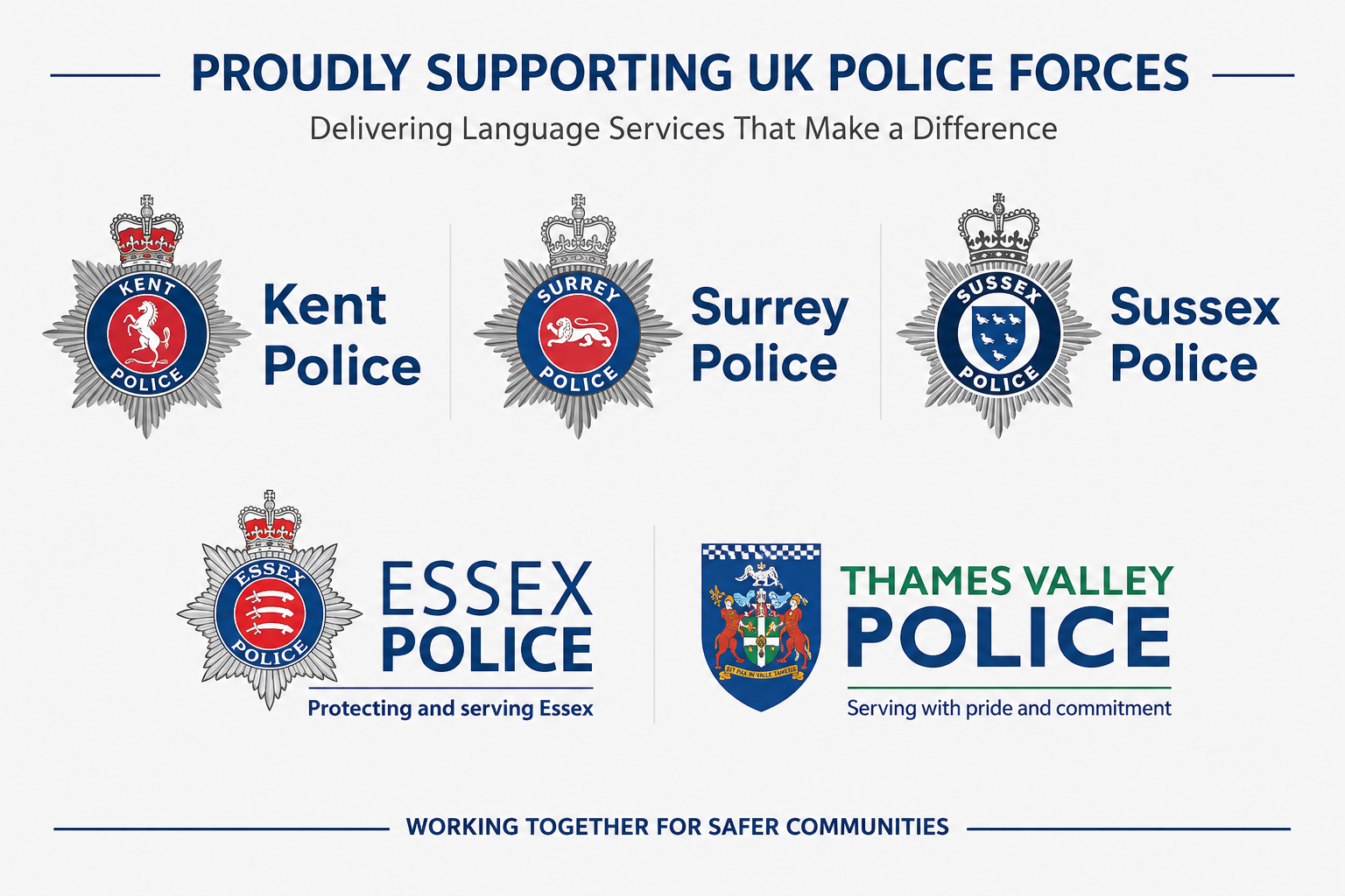 Poster supporting UK police forces with various police badge logos for Kent, Surrey, Sussex, Essex, and Thames Valley Police, along with slogans emphasizing community service and safety.