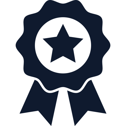 Silhouette of a medal or award ribbon with a star in the center.