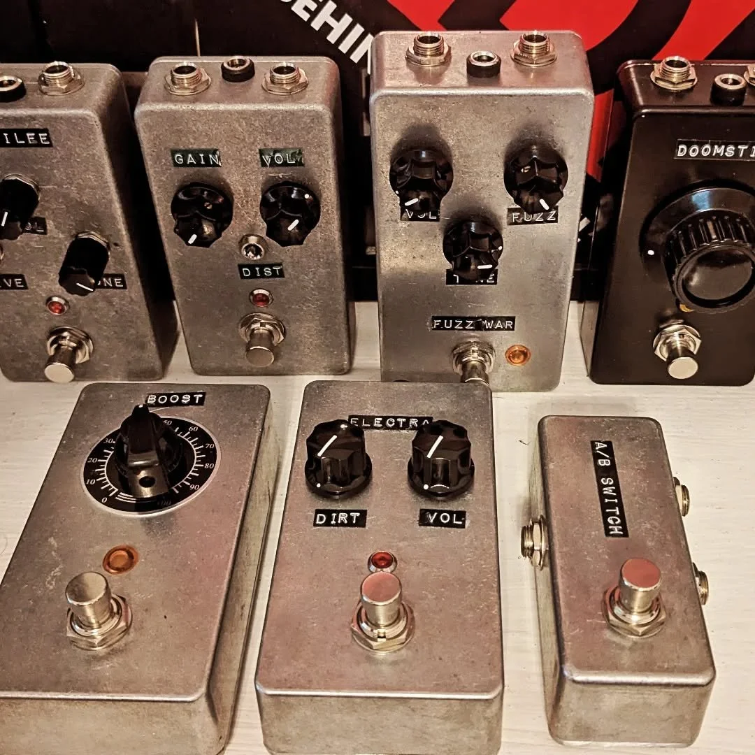Another day, another pedal. These are some of my favorite circuits. Second from the top left is my combination Electra and SHO boost. Keep those fingers warm!