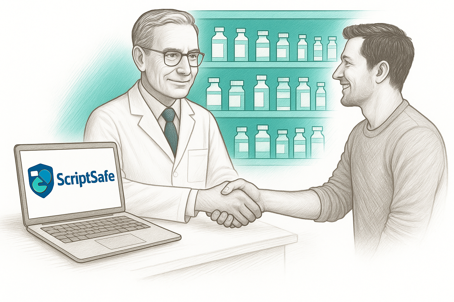 Illustration of a doctor shaking hands with a patient in a pharmacy or medical setting, with shelves of medicine bottles in the background, and a laptop displaying the ScriptSafe logo on a desk.