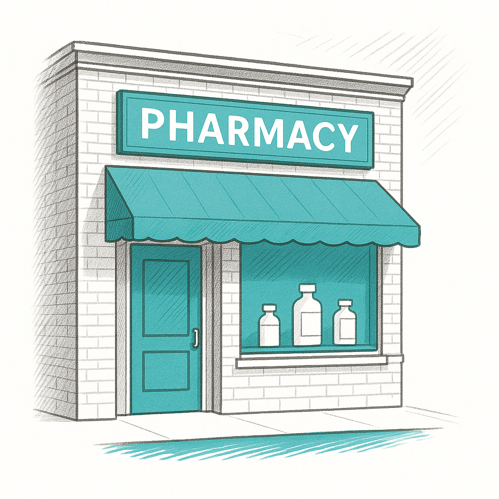 A hand-drawn illustration of a pharmacy storefront with a blue awning, a blue door, and a window displaying three large bottles. A large blue sign with white letters reads 'PHARMACY' on the building.