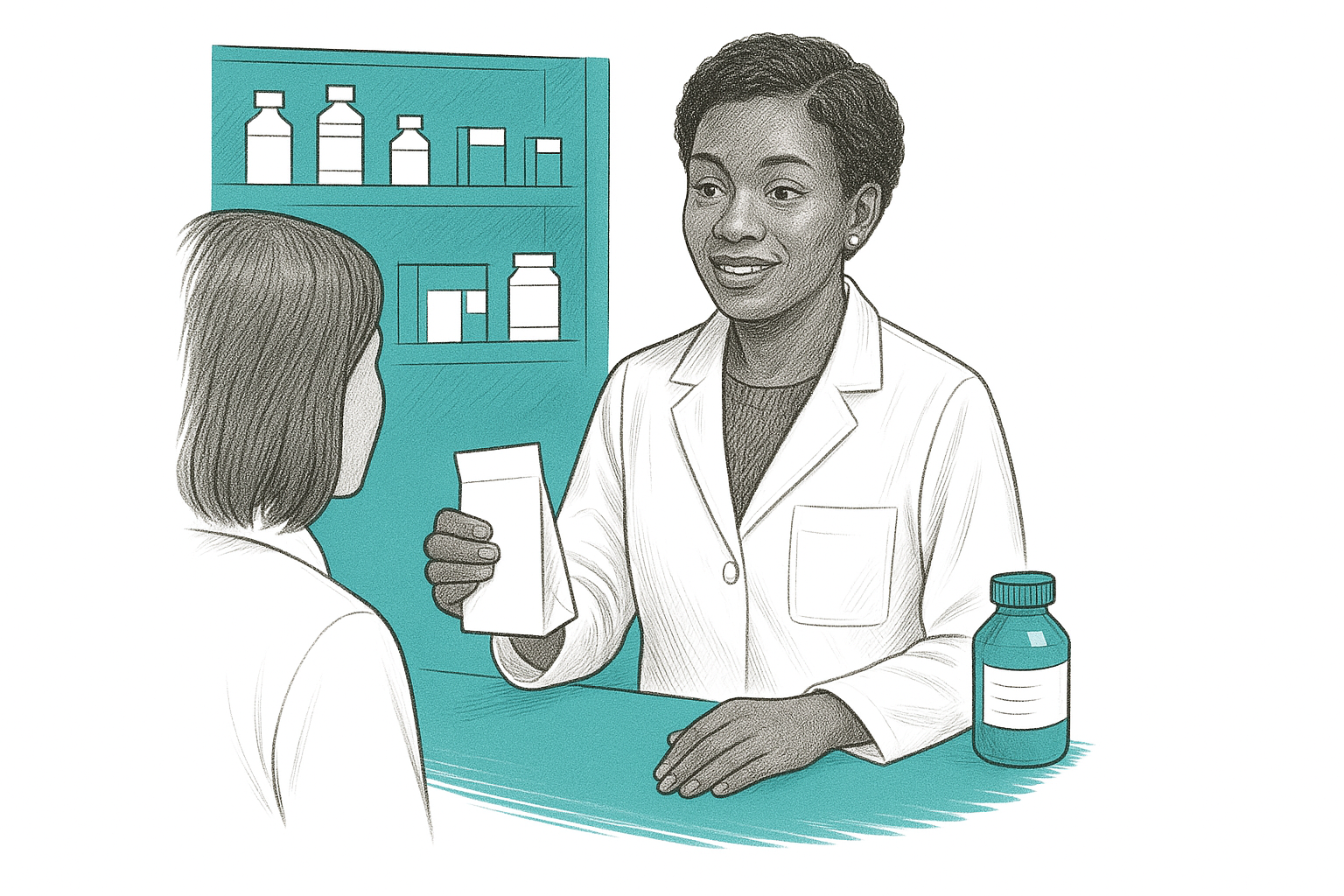 A pharmacist handing medication to a female customer at the pharmacy counter, with shelves of medicine bottles in the background.