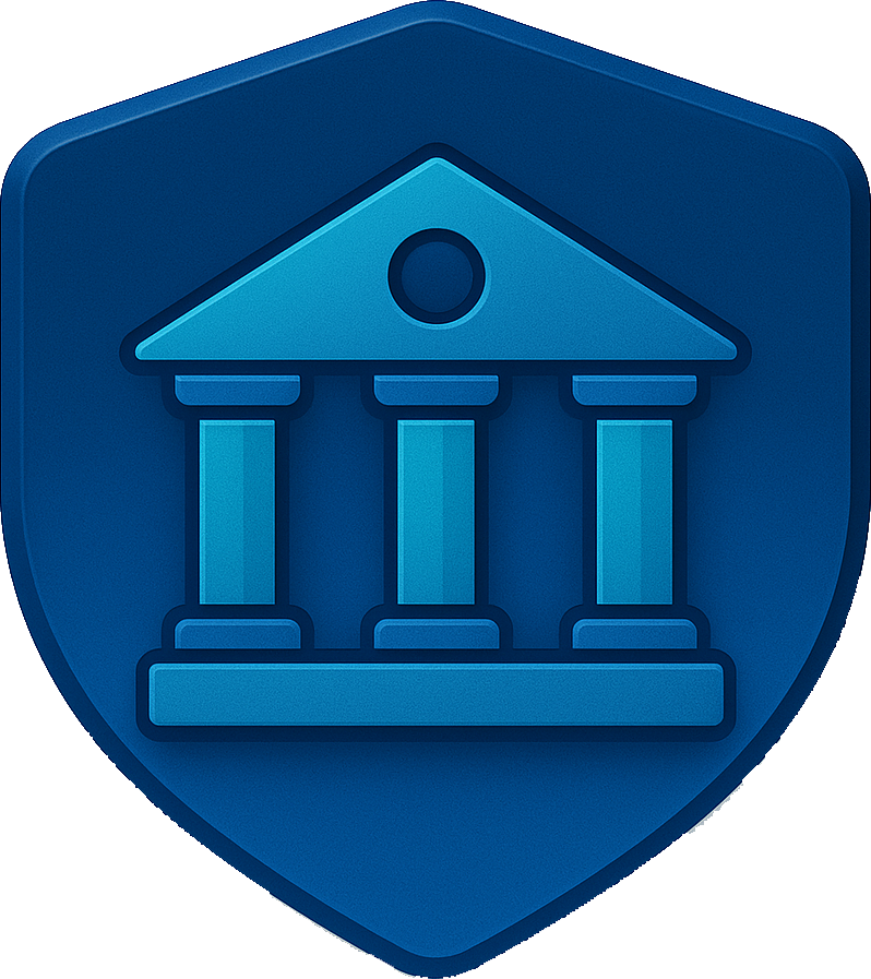 A blue shield emblem featuring a simplified classical building, representing a bank, with three columns and a triangular pediment.
