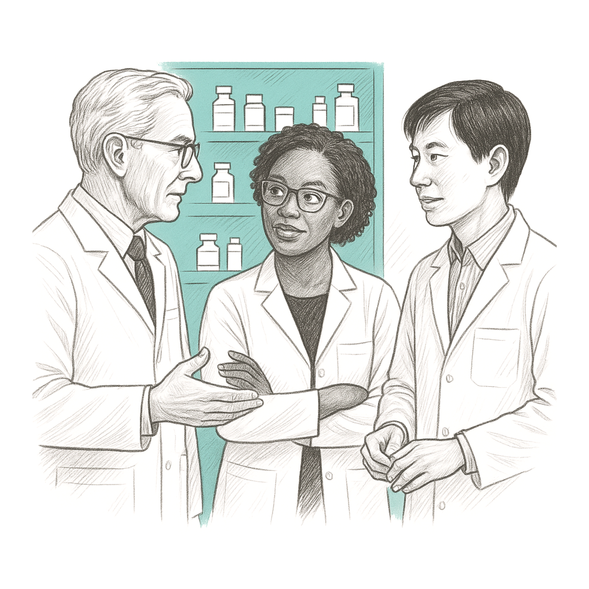 Drawing of three diverse doctors in discussion, with a pharmacy shelf in the background.