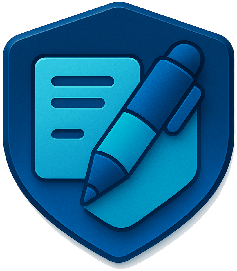A blue shield emblem featuring a notepad with lines and a pen, symbolizing writing or editing.