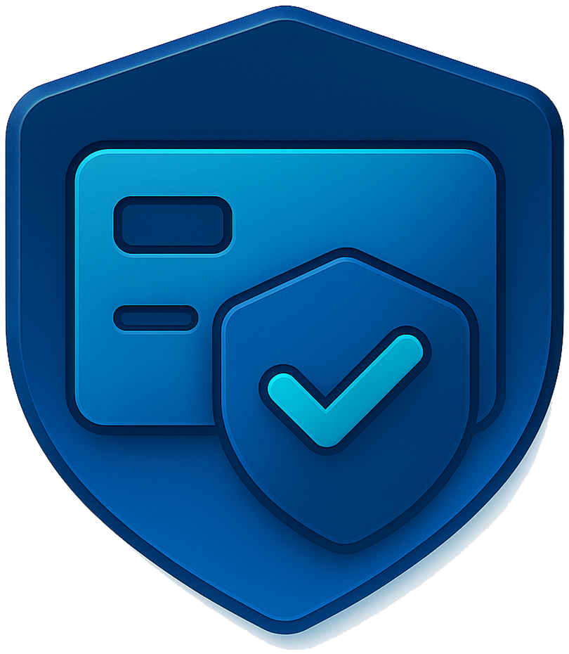 Shield icon with a credit card and a checkmark, representing security and verification.