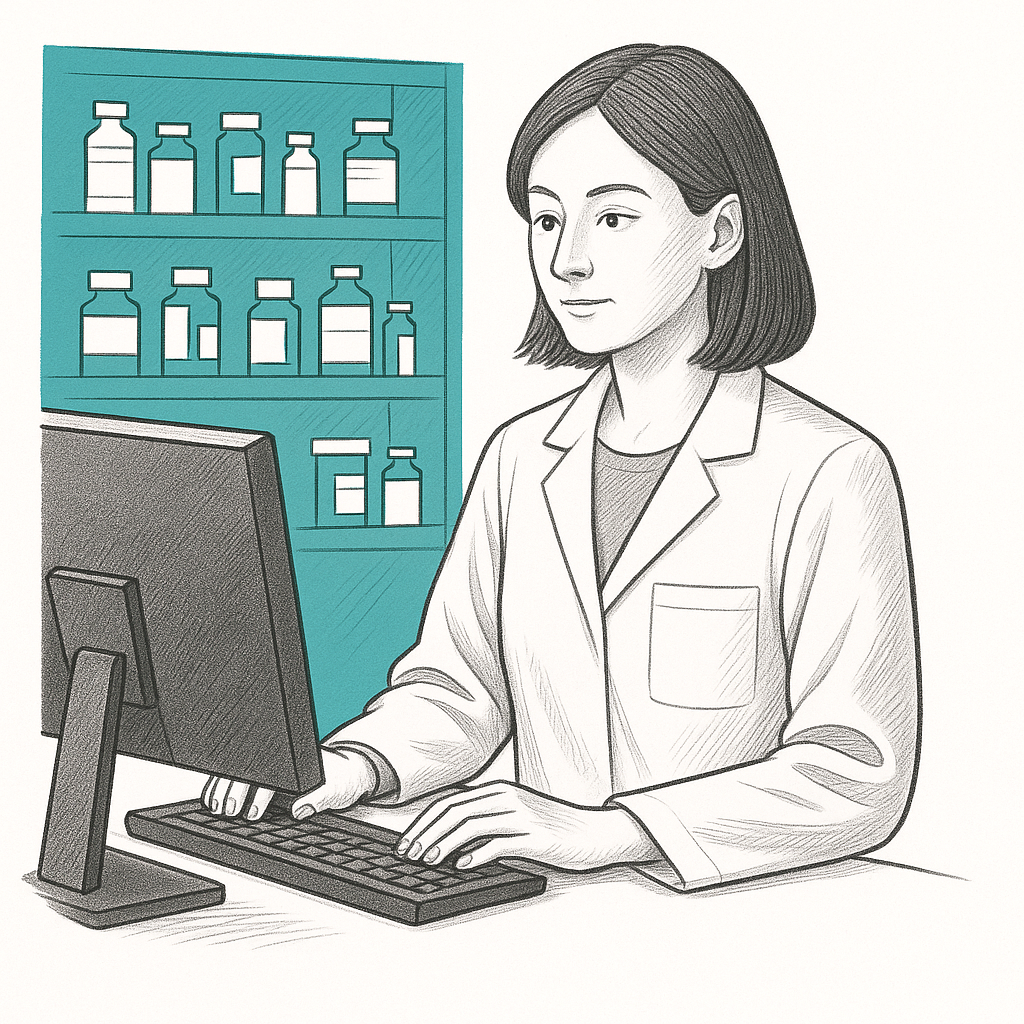 Illustration of a woman in a lab coat working at a computer with shelves of medication bottles in the background.