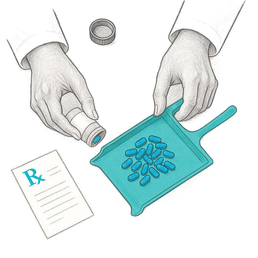 A pair of hands holding a bottle of pills, with a tray of blue pills, a prescription paper, and a bottle cap on a surface.