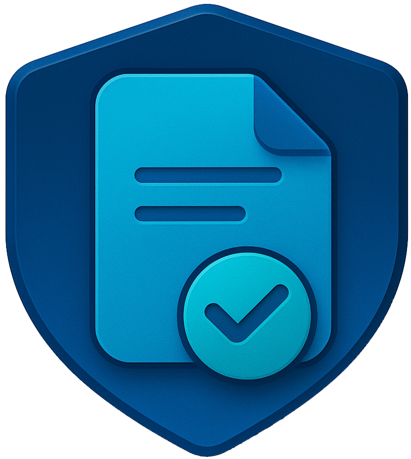 An icon of a document with a checkmark inside a circle, set against a shield background.