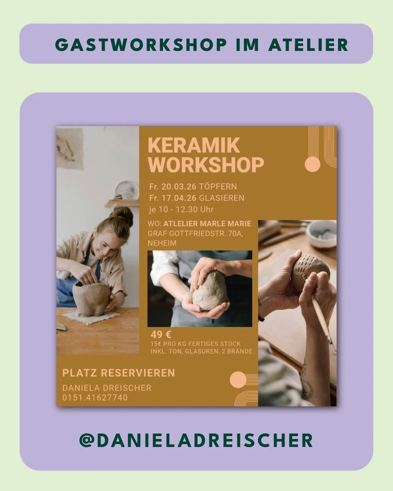 🥳Trommelwirbel 🥁 Erster Gastworkshop im Atelier. 

Ich freue mich sehr, Daniela mit ihrem Keramik-Workshop im Atelier begr&uuml;&szlig;en zu d&uuml;rfen.
Ich hab selbst auch schon bei Daniela get&ouml;pfert - Ich liebe die entstandenen Dinge und be