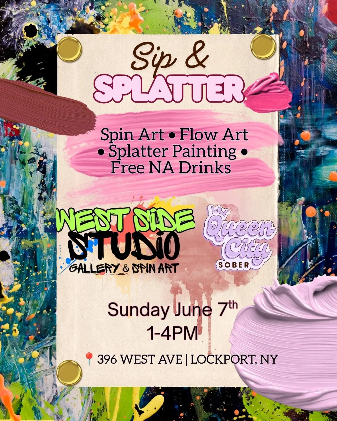 SIP &amp; SPLATTER 🎨🍹🫟

A fun afternoon of creativity, community, and free nonalcoholic drinks? Say less.

Join us at @westsidestudioart on Sunday 6/7 from 1&ndash;4 PM for spin art, flow art, splatter painting, and a variety of NA drinks to sampl