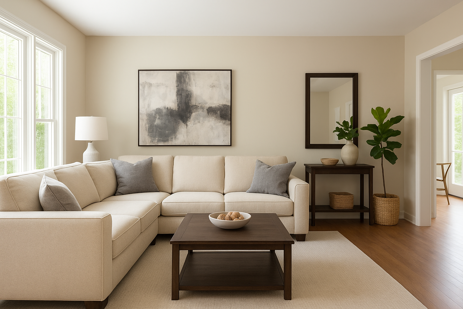Modern living room with a beige sectional sofa, wooden coffee table, abstract wall art, and natural light streaming through large windows.