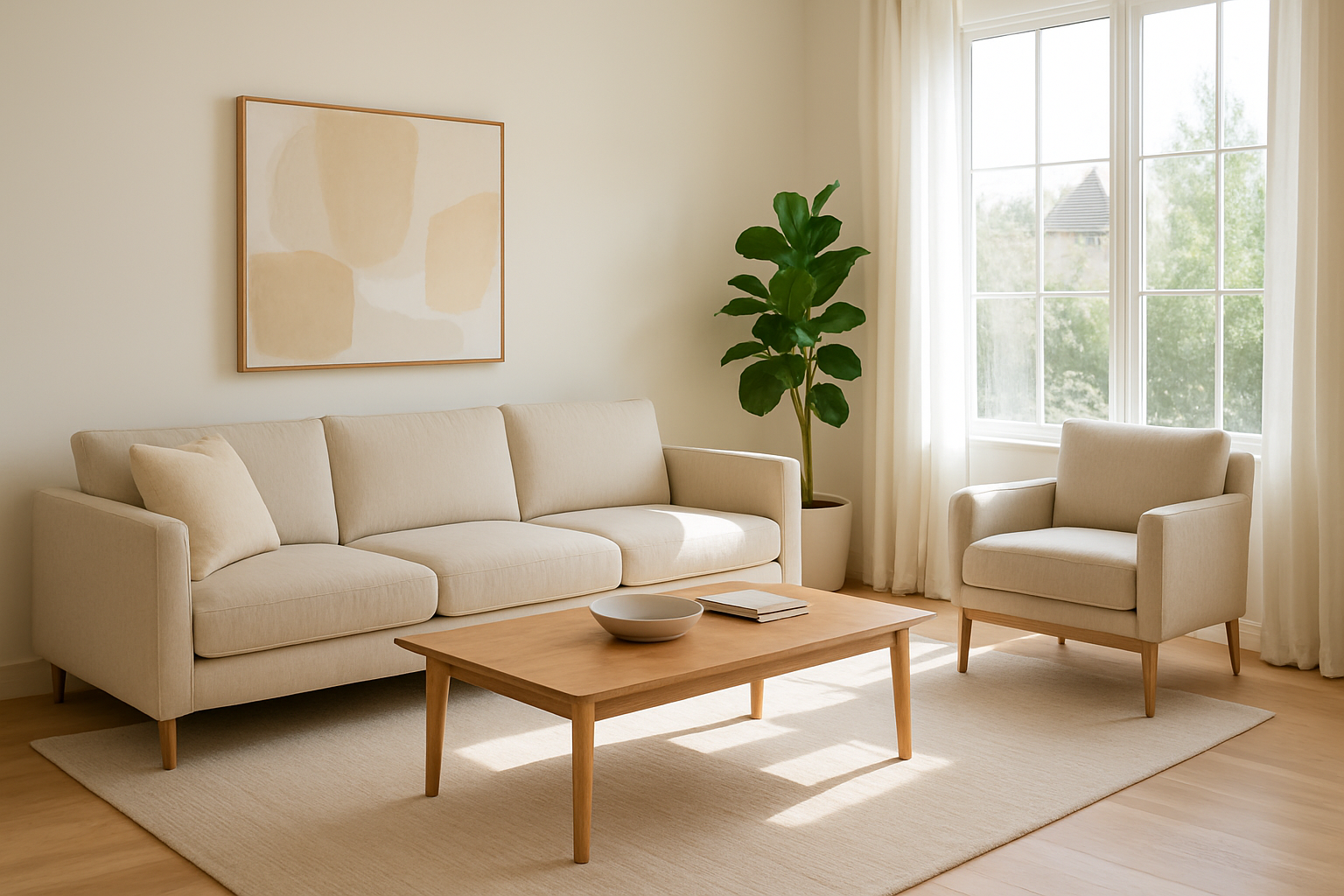 Bright modern living room with a beige sofa and armchair, light wood coffee table, abstract wall art, and a fiddle-leaf fig plant beside large windows with sheer white curtains letting in natural sunlight.