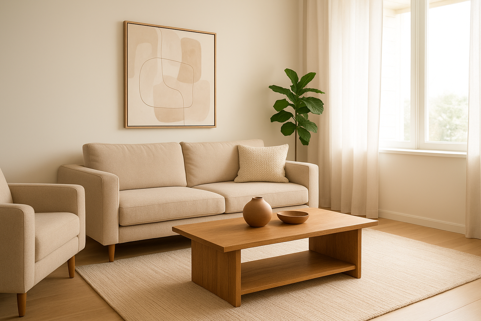 Sunlit modern living room with a beige sofa, matching armchair, light wood coffee table, abstract wall art, and a green Ficus plant beside a large window with sheer white curtains.