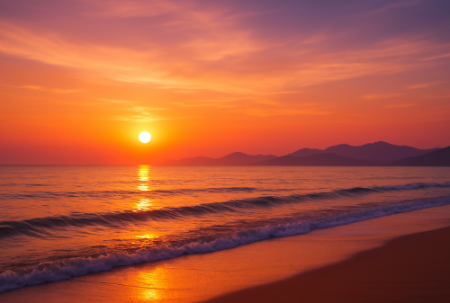 Golden sunset over calm ocean waves with distant purple mountains, symbolizing peace, renewal, and soulful reflection.