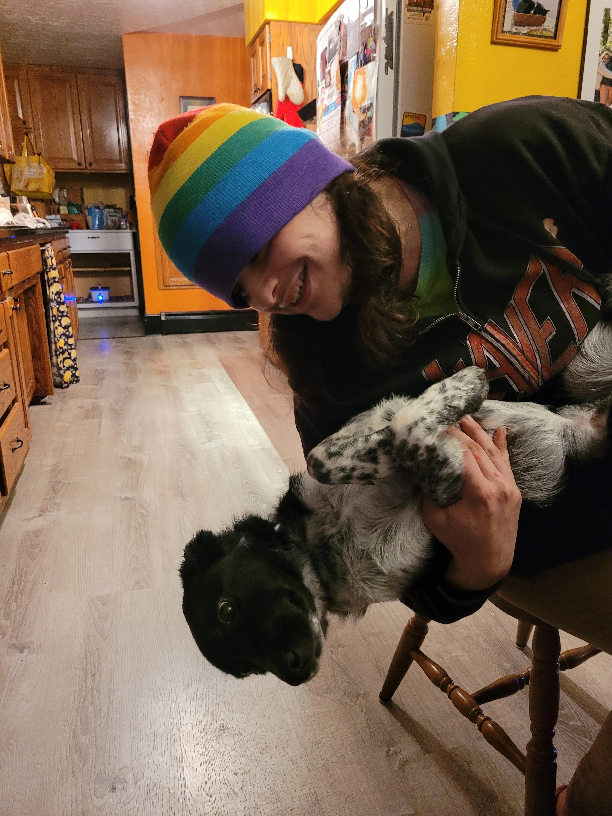 A young man wearing a rainbow beanie and a black and white puppy. Dune dog adventures oregon coast dog daycare, bandon dogs, oregon coast dogs