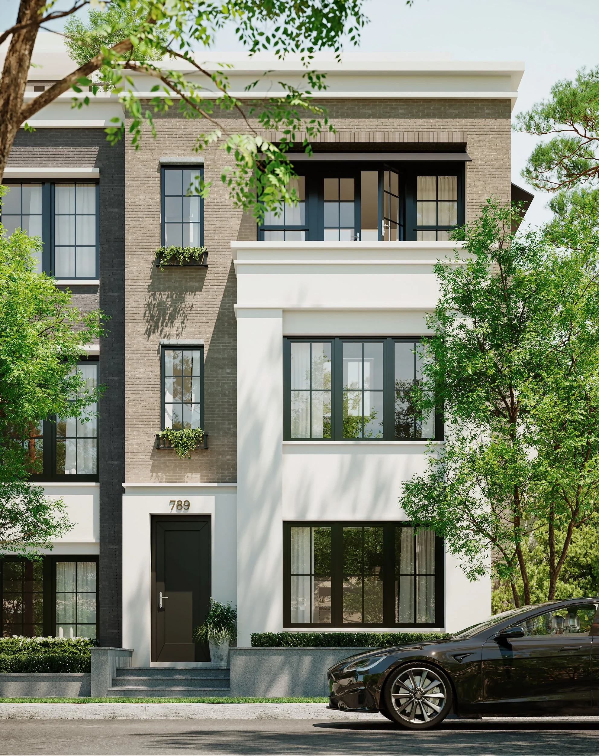 Modern multi-story residential building with black-framed windows, a black front door, and a gray car parked in front. Green trees surround the building.