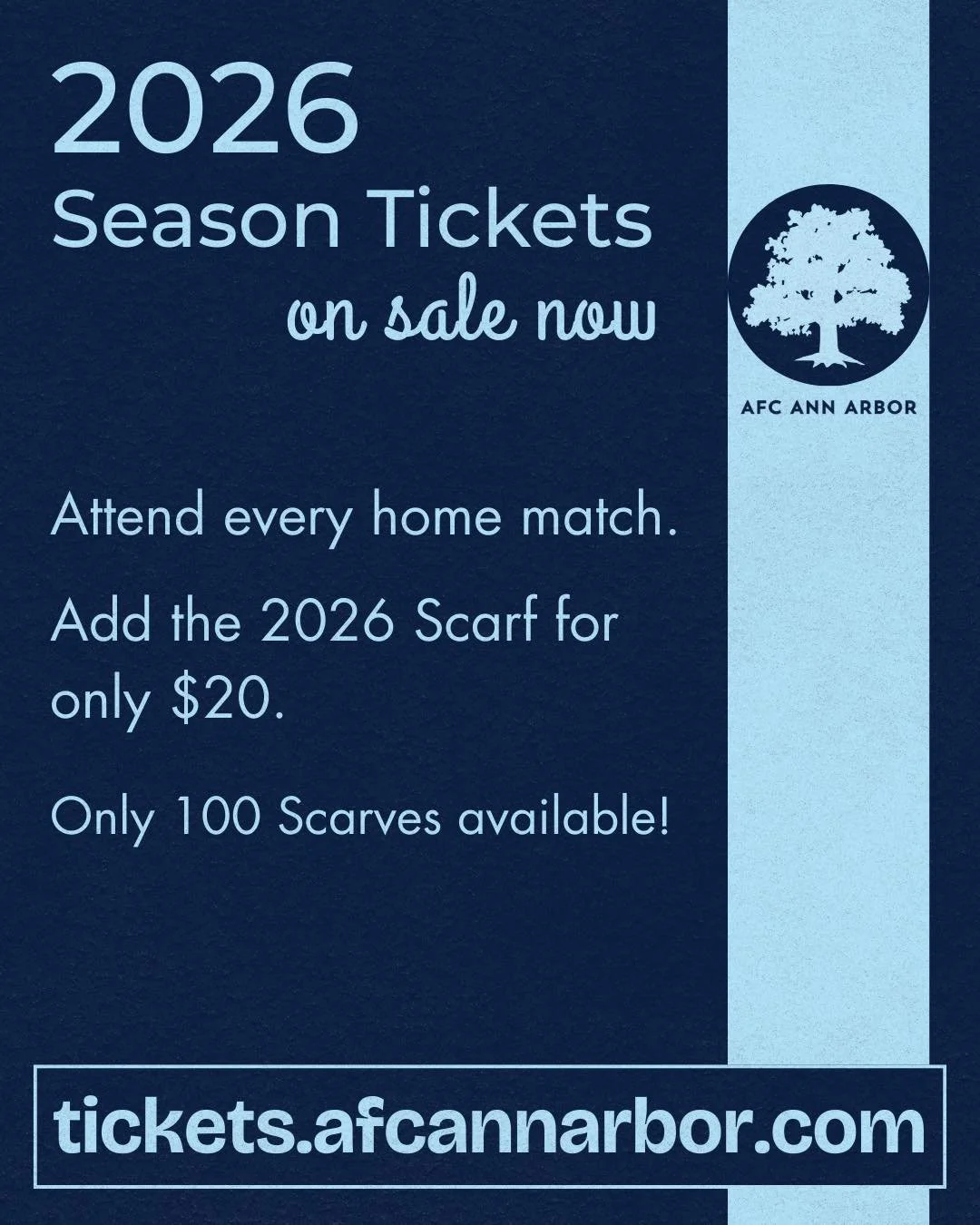 Looking for a meaningful holiday gift? 🎁

Give your family or friends a full season of live soccer right here in Ann Arbor.

2026 Season Tickets are now available

Add a 2026 scarf for $20 (just 100 scarves available!)

💙 Local. Fun. Affordable.

G