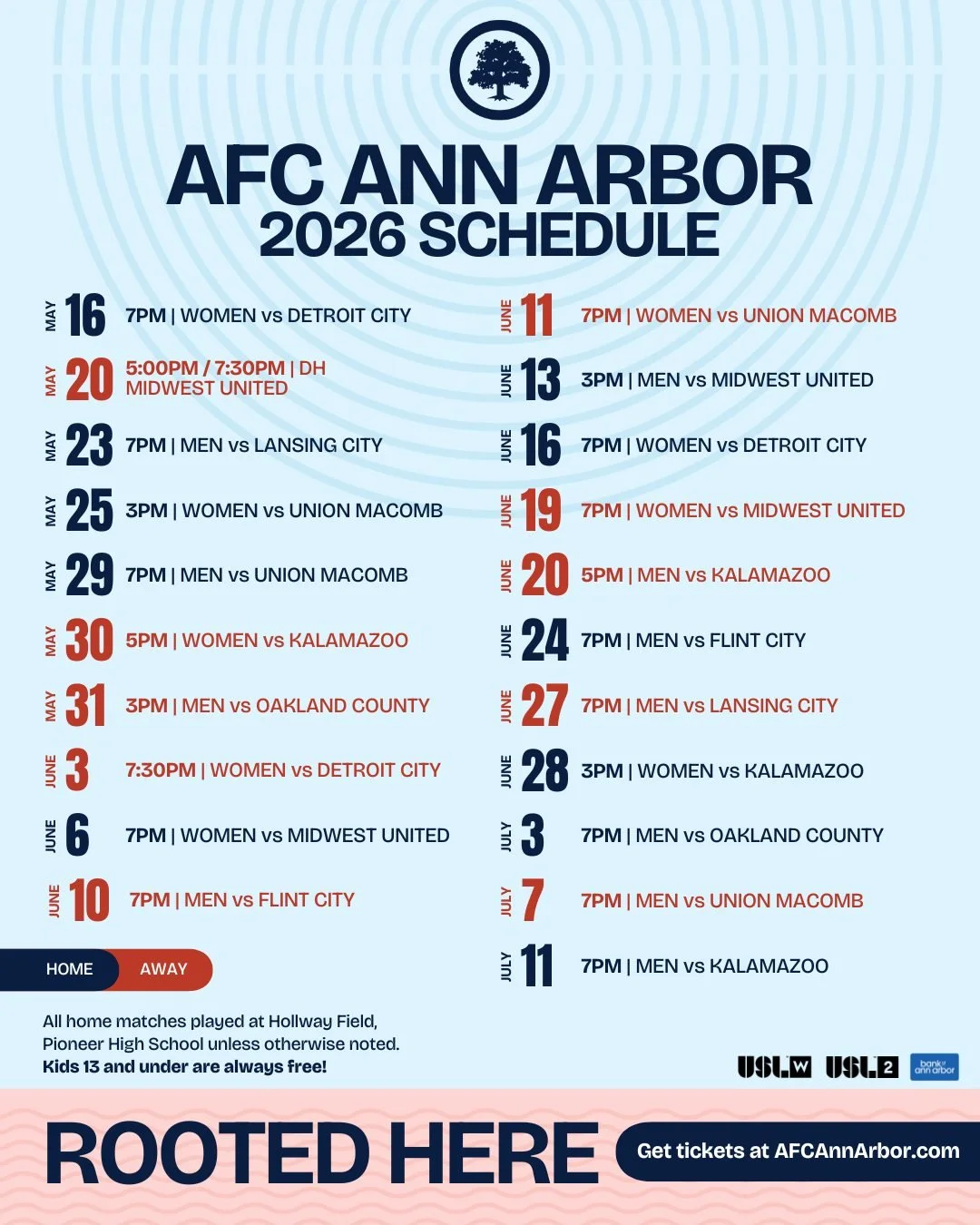 Two teams. One club. One schedule. 🌳

The 2026 calendar is set - with 11 home games, starting on May 16th vs Detroit City. 

Secure your tickets and free jersey now, via the link in the bio. 🔗

#RootedHere