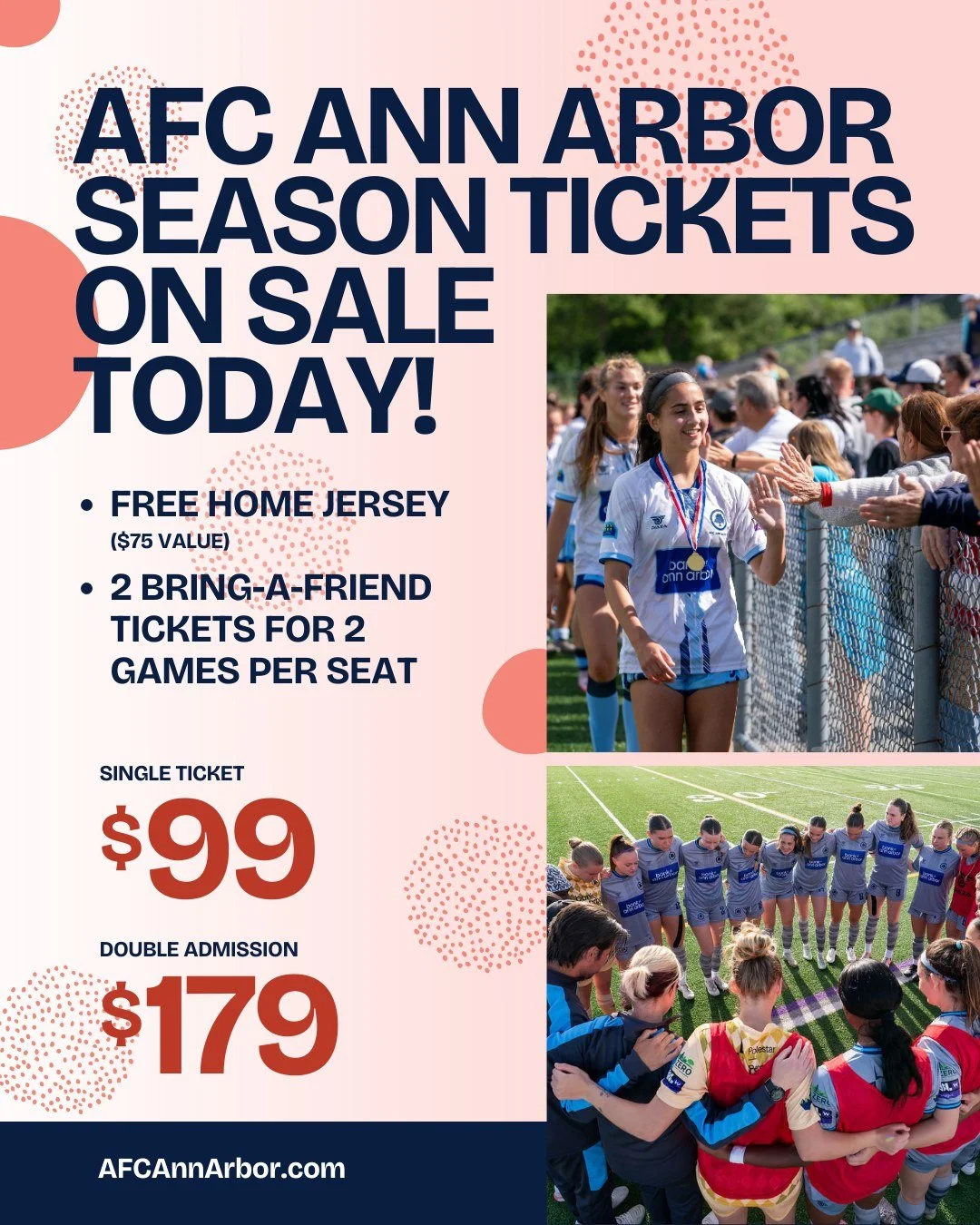 Season Tickets are on sale now, and we need your support! 🫵

Lock in every home match this season and be part of the full AFC Ann Arbor matchday experience.

Season Ticket Members receive a FREE Home Jersey and Bring-A-Friend tickets for select matc