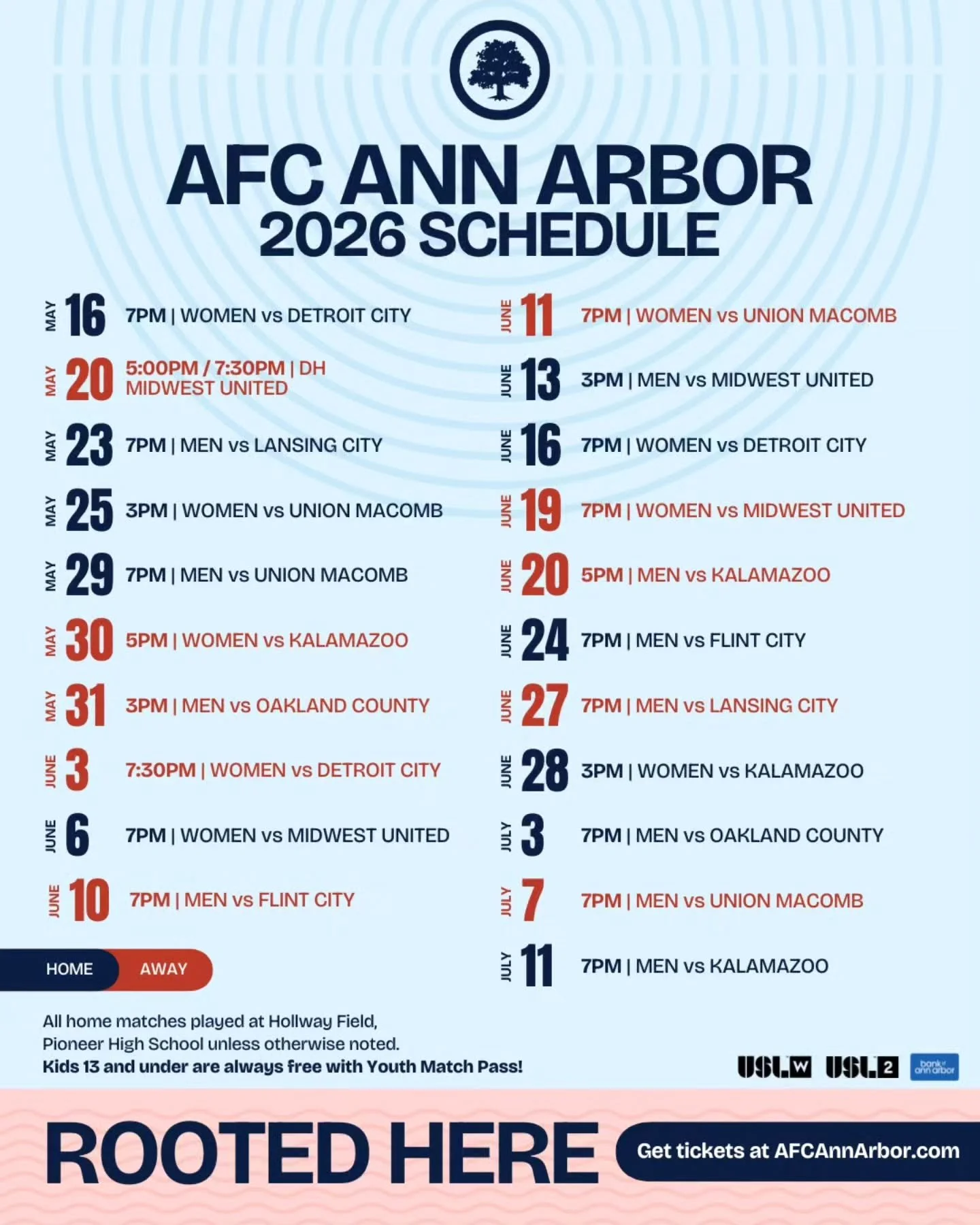 Planning to support the Mighty Oak on our road trips? Here's our complete, 22-game schedule! (Note the doubleheader on May 20, when both the men and women will play at @midwestunitedfc in Grand Rapids.)

Tickets for all home games are available at ti