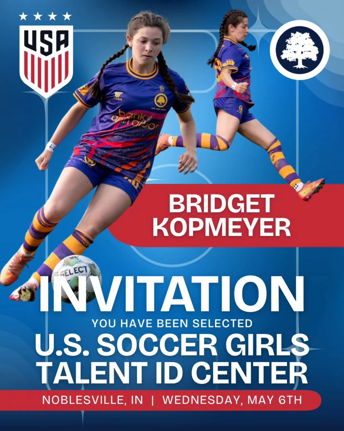 💥 BIG NEWS! 💥

Congratulations to Bridget Kopmeyer for being selected to attend the U.S. Soccer Girls Talent ID Center in Noblesville, IN this Wednesday, May 6!

She richly deserves this testament to her talent and work ethic, and we're very happy 