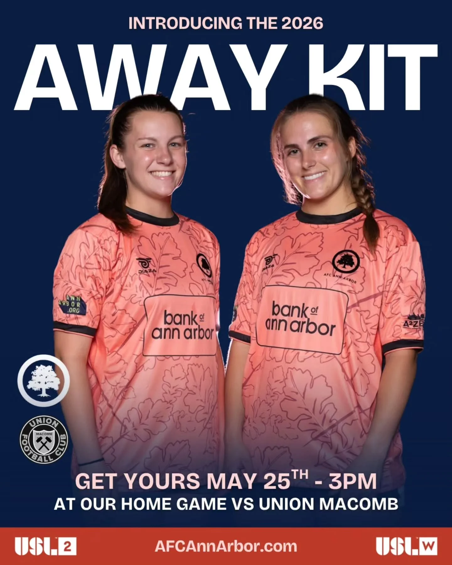 MATCH DAY! Today's women's game vs. @unionfcmacomb at 3pm will be the first day that Away jerseys will be available for sale!

Stop by the merch booth at Hollway Field to get yours, while supplies last.

#AFCAA #COYMO #RootedHere