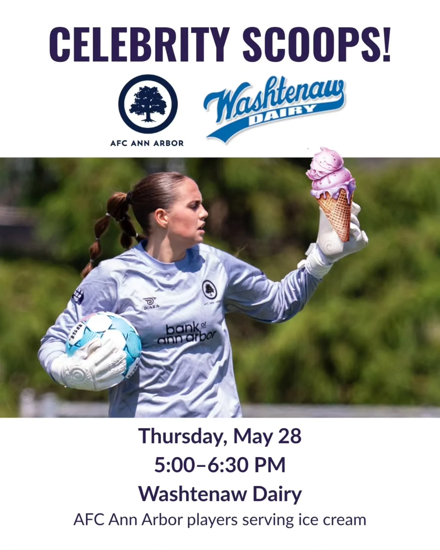 THURSDAY is 🍦Celebrity Scoops Night🍦 at @thewashtenawdairy!

@nutmeg_afc and a bunch of our players are enjoying this week of perfect ice cream weather, so if you stop by between 5 and 6:30pm on Thursday, they'll be serving it up!

(Extra credit if