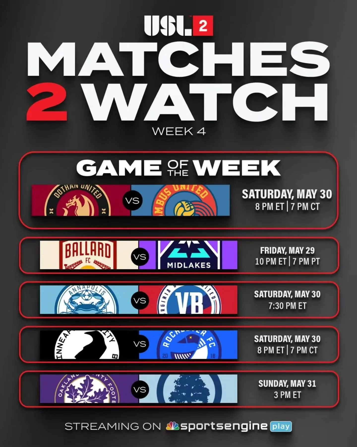 This Sunday, May 31 at 3pm, we're on the @uslleaguetwo's Matches 2 Watch list! Head to the match at Royal Oak HS, or you can watch us at @conorspubannarbor.

It's going to be a beautiful day for the Great Oak Derby!