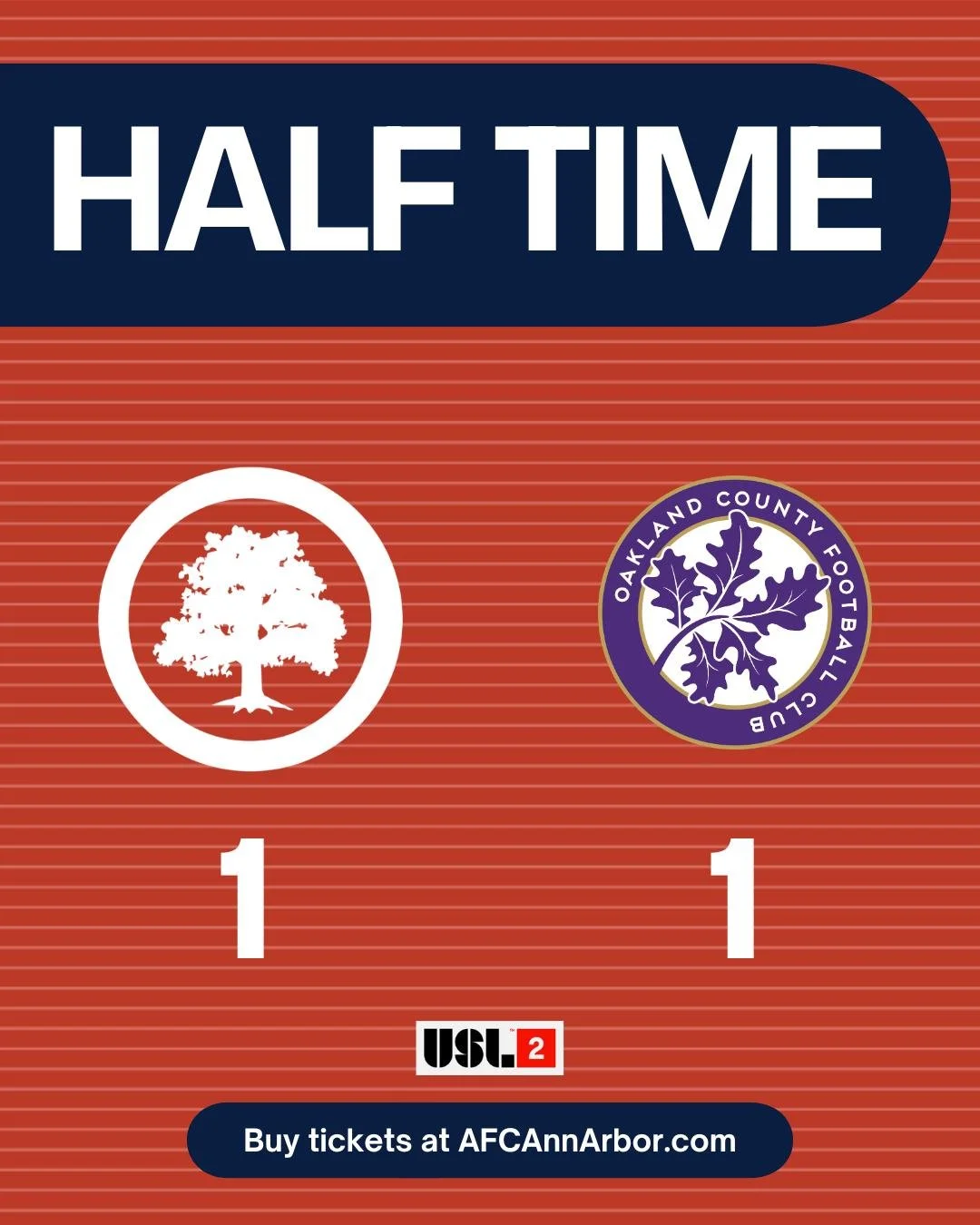 It's knotted at 1-1 at half time. AFC Ann Arbor looking strong, but we've got work to do. #COYMO #USL2 #Path2Pro