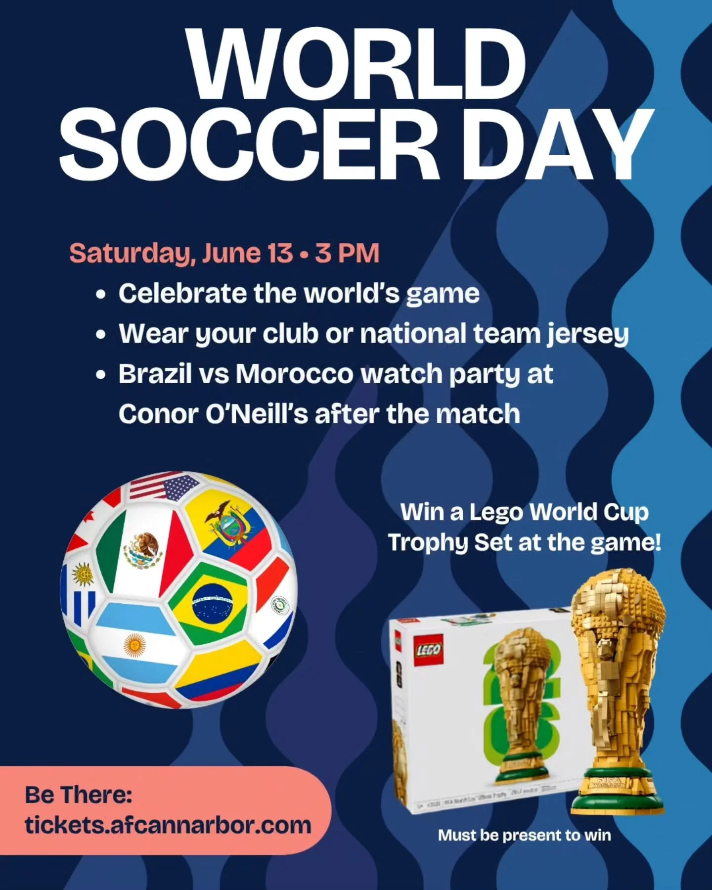 Saturday is ⚽️WORLD SOCCER DAY⚽️ at Hollway Field and Conor O'Neill's!

Attend our match vs. Midwest United at 3pm, and all entrants will be eligible to win an already iconic, 2,842-piece LEGO World Cup trophy!

Then join the team at 6pm for an indoo